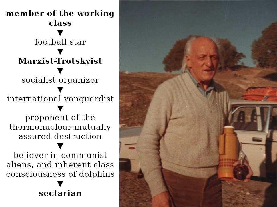 member of the working class ➤ football player ➤ Marxist-Trotskyist ➤ socialist organizer ➤ international vanguardist ➤ proponent of the thermonuclear mutually assured destruction ➤ believer in communist aliens, and inherent class consciousness of dolphins ➤ sectarian